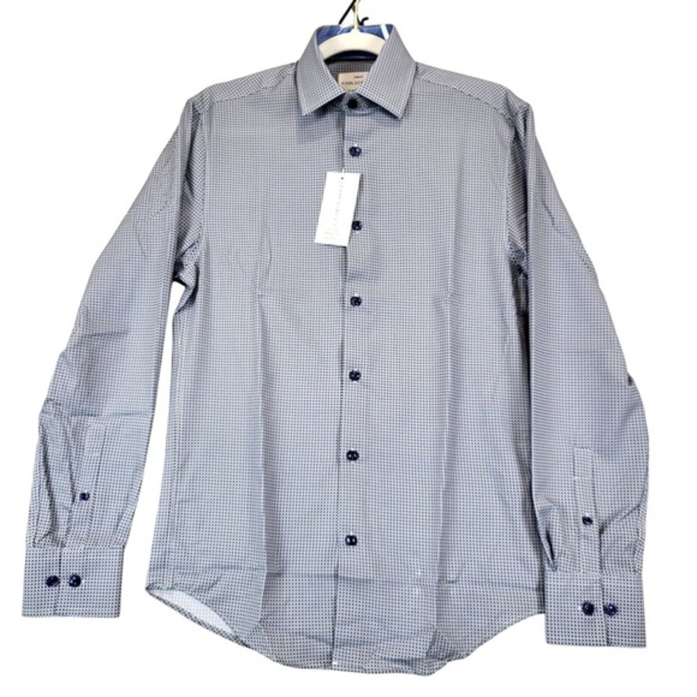 Con.Struct Dress Shirt 4 Way Stretch Flip Cuff Mini Geo Slim Fit Men S Blue Whit